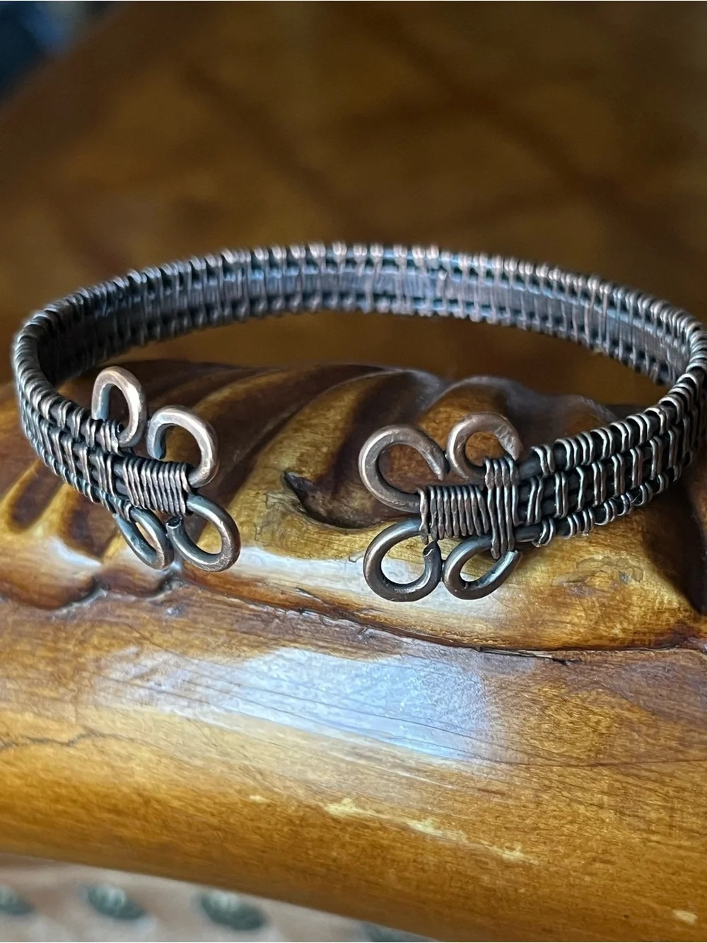 Handwoven Brown Wire Bracelet with Loop Accent. Oxidized copper.